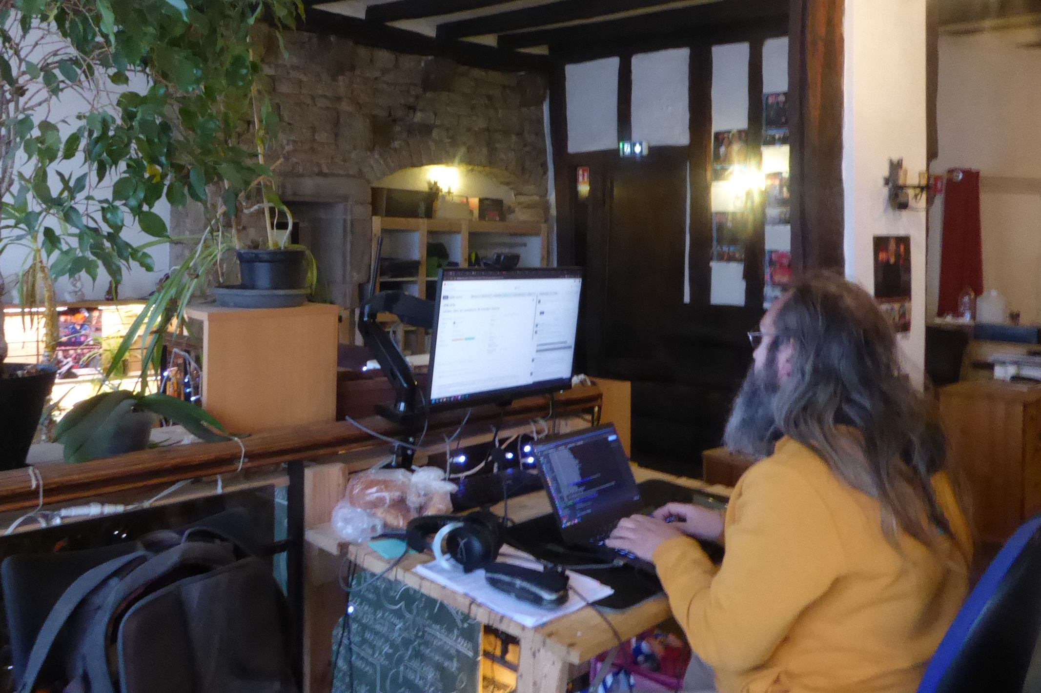 L'intérieur du lieu, avec bureau d'ordinateur, plante verte et ambiance chill