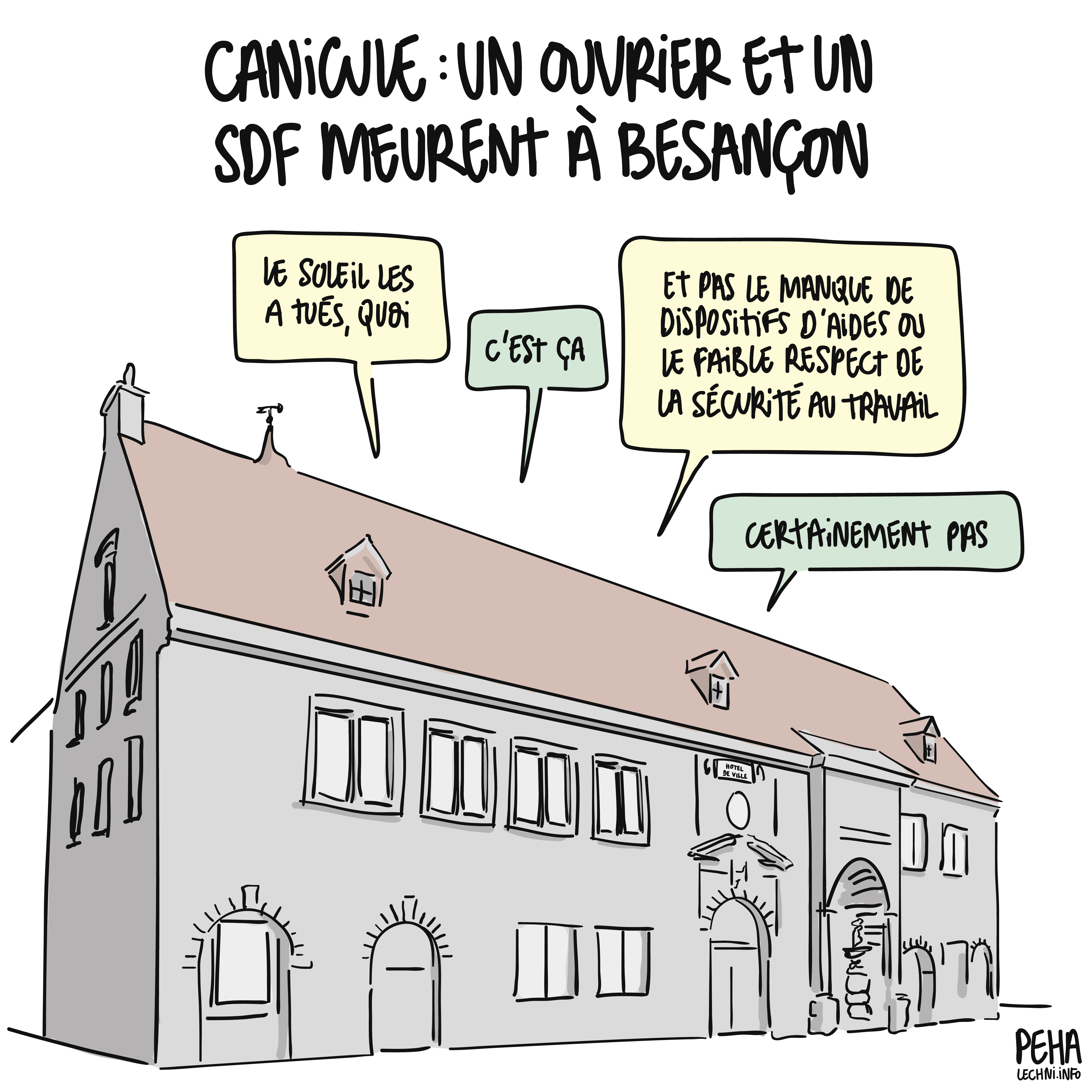 Titre du dessin : canicule : un ouvrier et un SDF meurent à Besançon
Dessin de l'hôtel de ville, place du huit septembre, duquel émane une conversation anonyme entre deux personnes : 
personne 1 : le soleil les a tués, quoi
personne 2 : c'est ça
personne 1 : et pas le manque de dispositifs d'aides ou le faible respect de la sécurité au travail
personne 2 : certainement pas