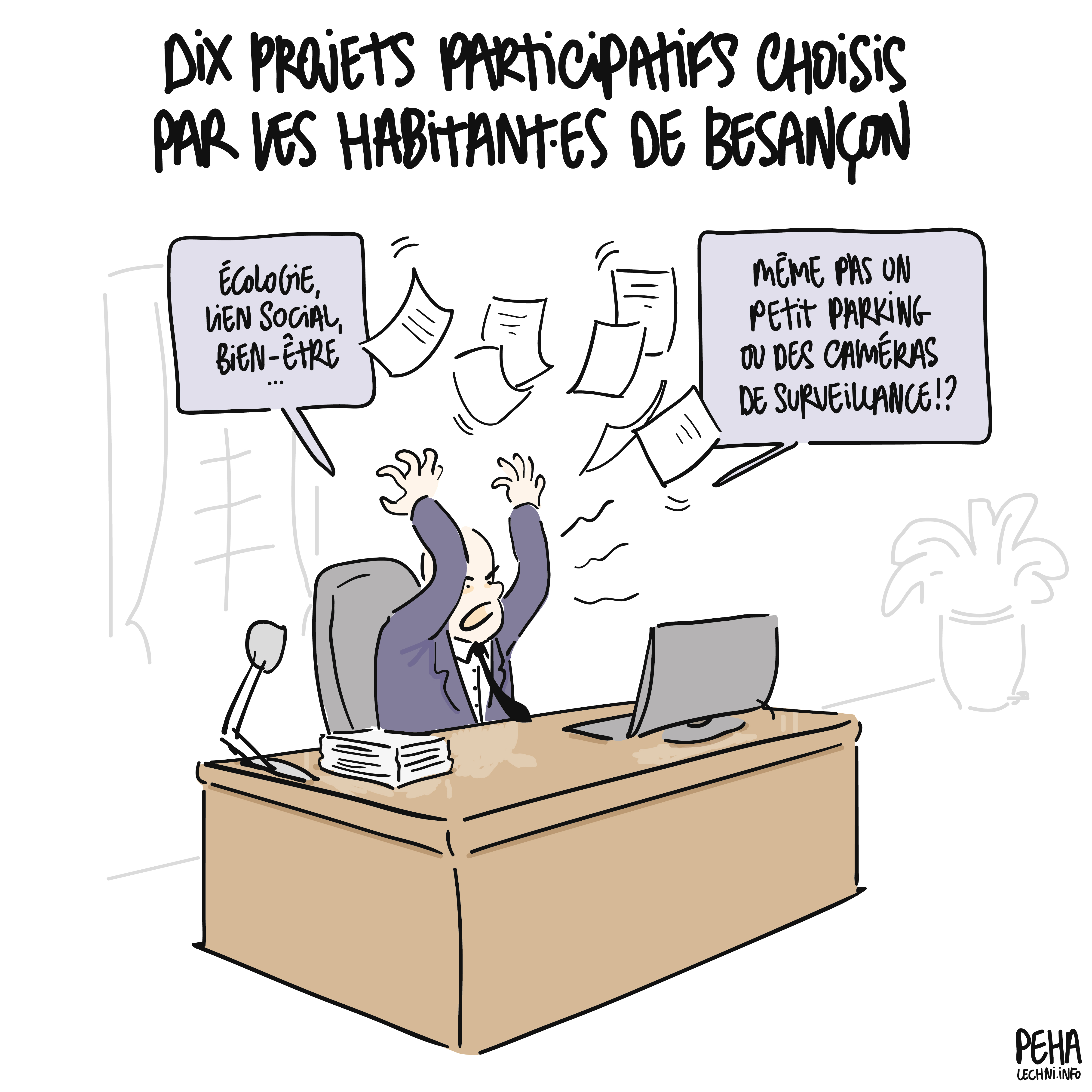 Titre du dessin : dix projets participatifs choisis par les habitant·es de Besançon
Dessin d'un homme, costard cravate dans son bureau, qui jette tout un tas de feuilles en l'air en s'écriant, agacé : écologie, lien social, bien-être... Même pas un petit parking ou des caméras de surveillance !?