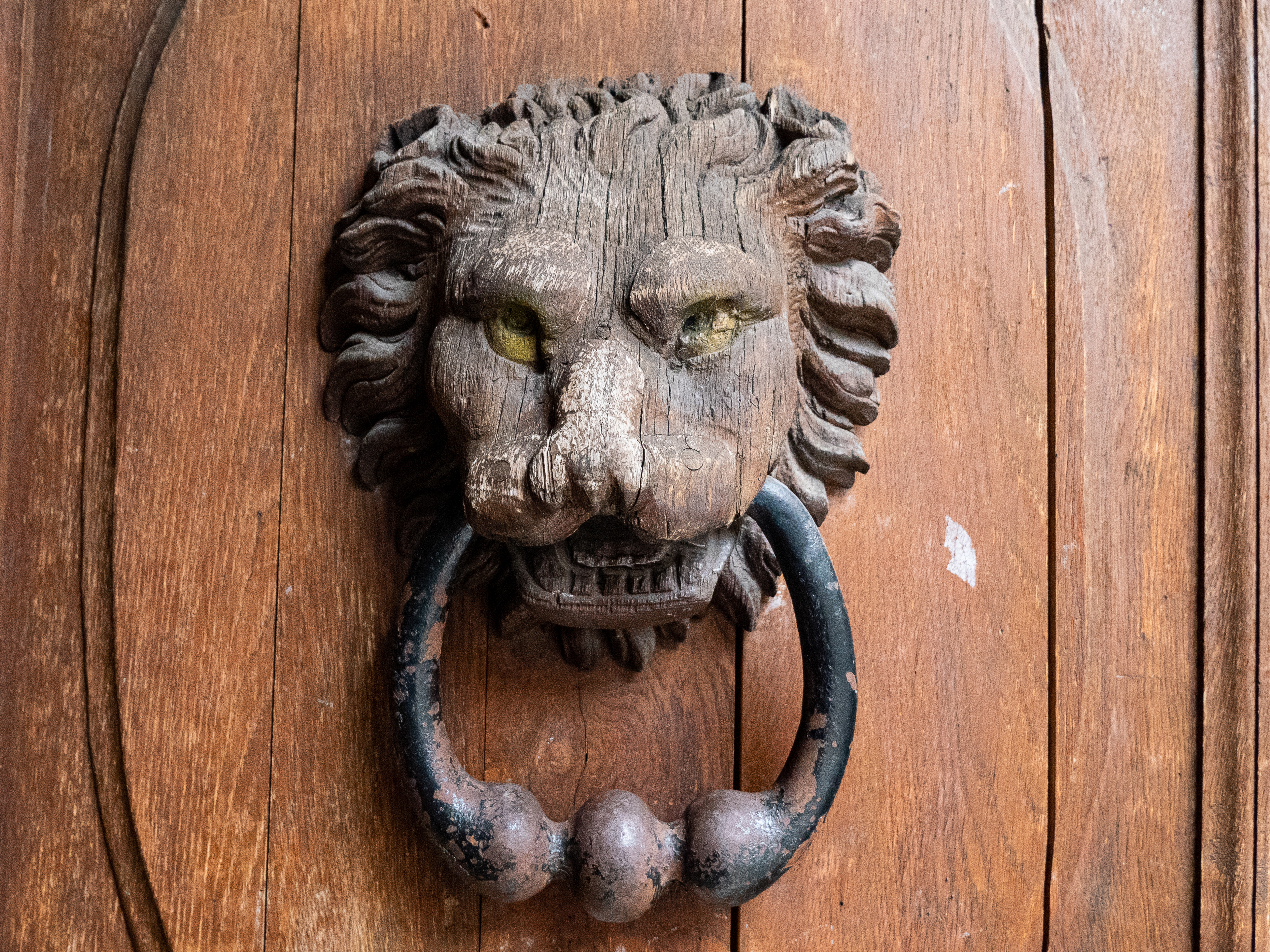 heurtoir en fer dont la partie mobile est tenue dans un lion sculpté en bois et appliqué contre la porte