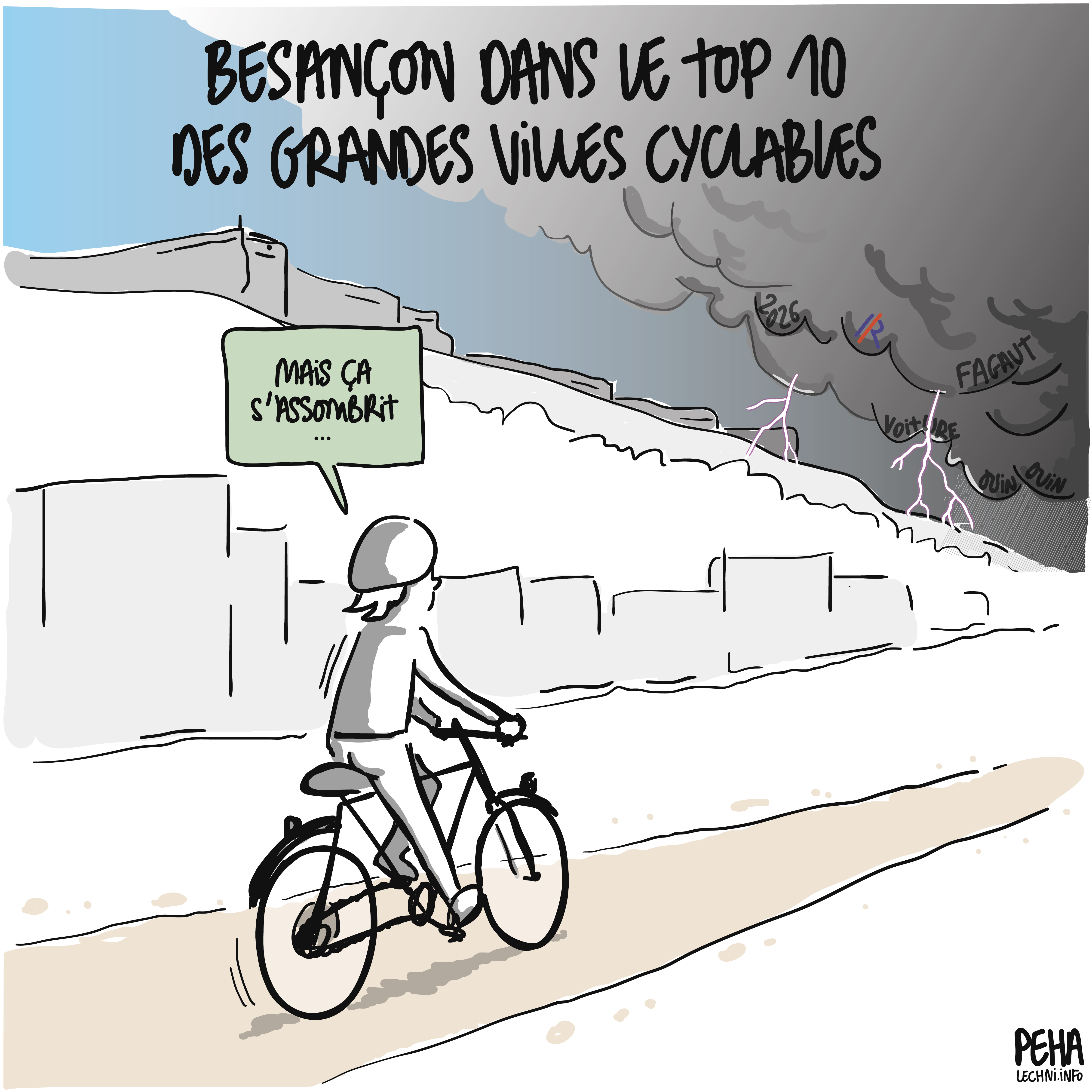 Titre du dessin : Besançon dans le top dix des grandes villes cyclables
Dessin d'un cycliste au bas de la citadelle, qui se dirige vers du beau temps vers un orage monstrueux sur la droite de l'image. Dans l'orage sont inscrits les mots 2026, Les Républicains, Fagaut, voiture, ouin ouin.
La personne à vélo dit : mais ça s'assombrit...