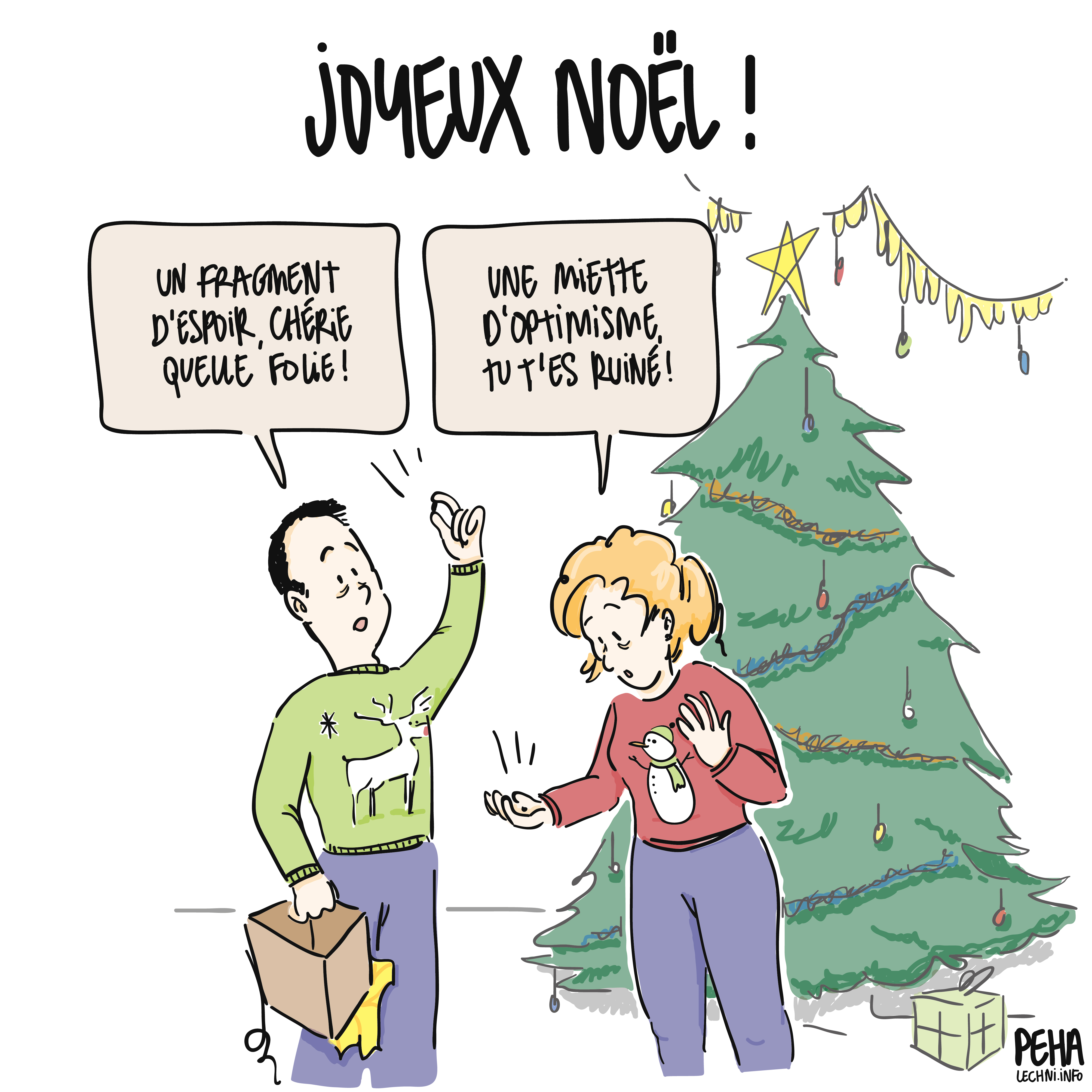 Titre du dessin : Joyeux Noël !
Un couple s'offre des cadeaux devant le sapin : 
- un homme brandit entre son pouce et son index une particule infime tirée d'un cadeau et s'écrit : un fragment d'espoir, chérie quelle folie !
- une femme regarde une autre infime particule dans le creux de sa main et rétorque : une miette d'optimisme, tu t'es ruiné !
