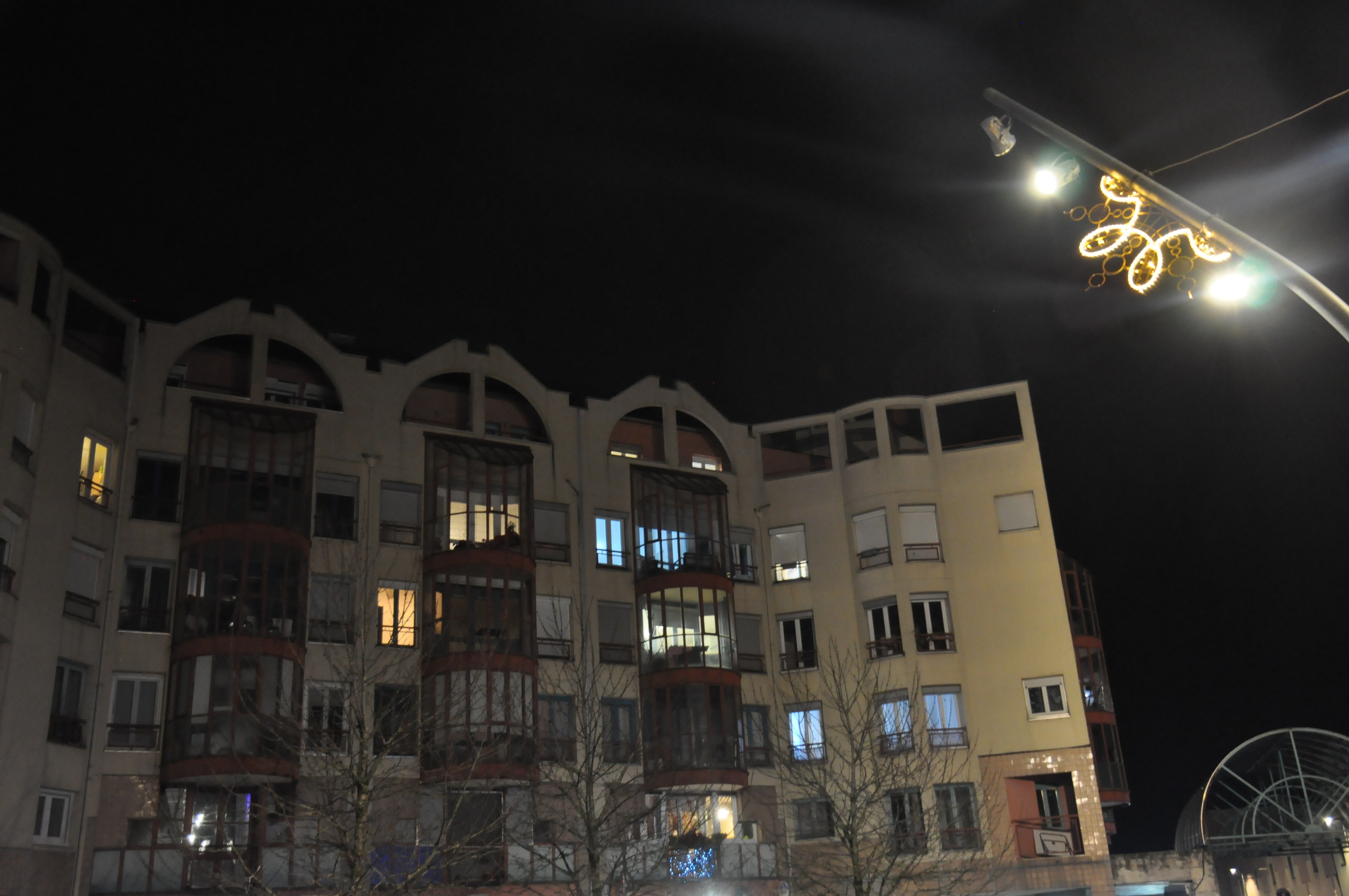 Une illumination d'inspiration florale qui pend à un réverbère, en face d'une barre d'habitation. 
