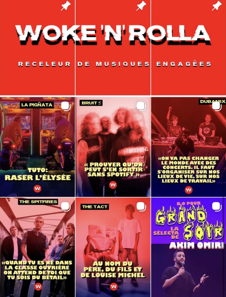 Woke'n'rolla tel qu'affiché sur Instagram, avec le logo et les différentes formations mises en avant, une par post.