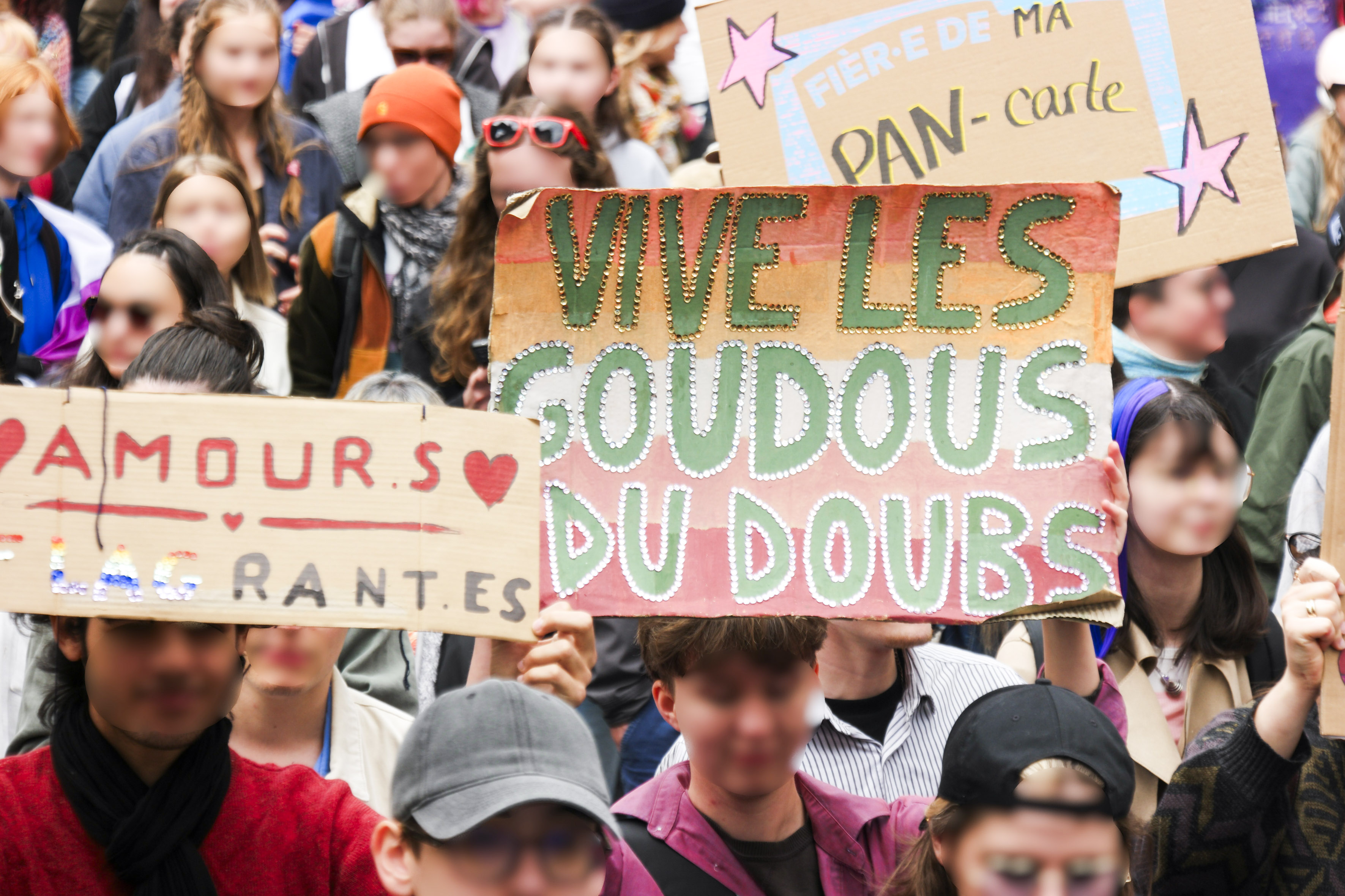 Une foule avec la pancarte vive les goudous du Doubs, une autre "amours flagrantes" et une fièr·e de ma PAN-carte