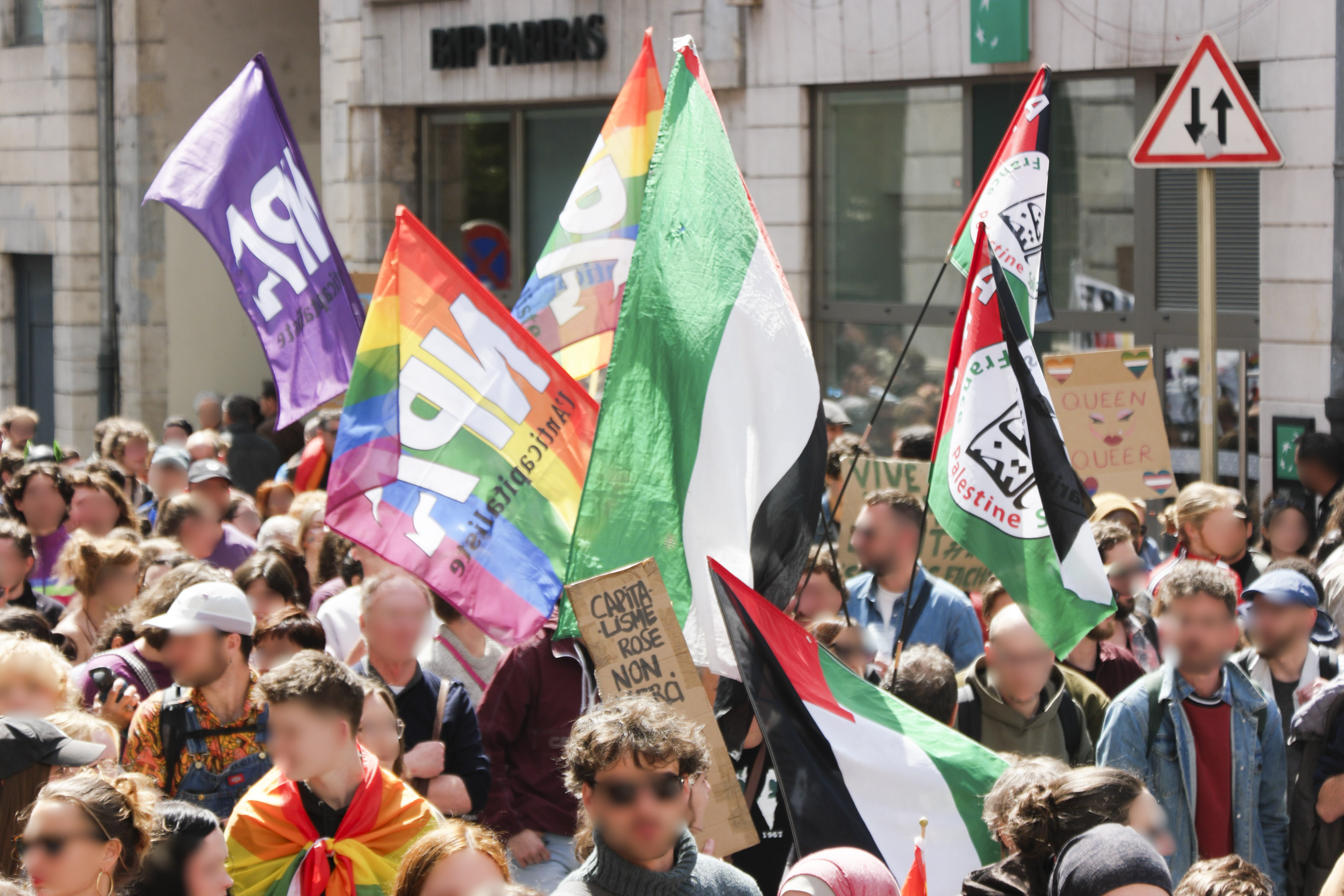Différents drapeaux du NPA, dont un aux couleurs du drapeau arc-en-ciel, à côté de drapeaux palestiniens, et une pancarte Capitalisme rose, non merci.