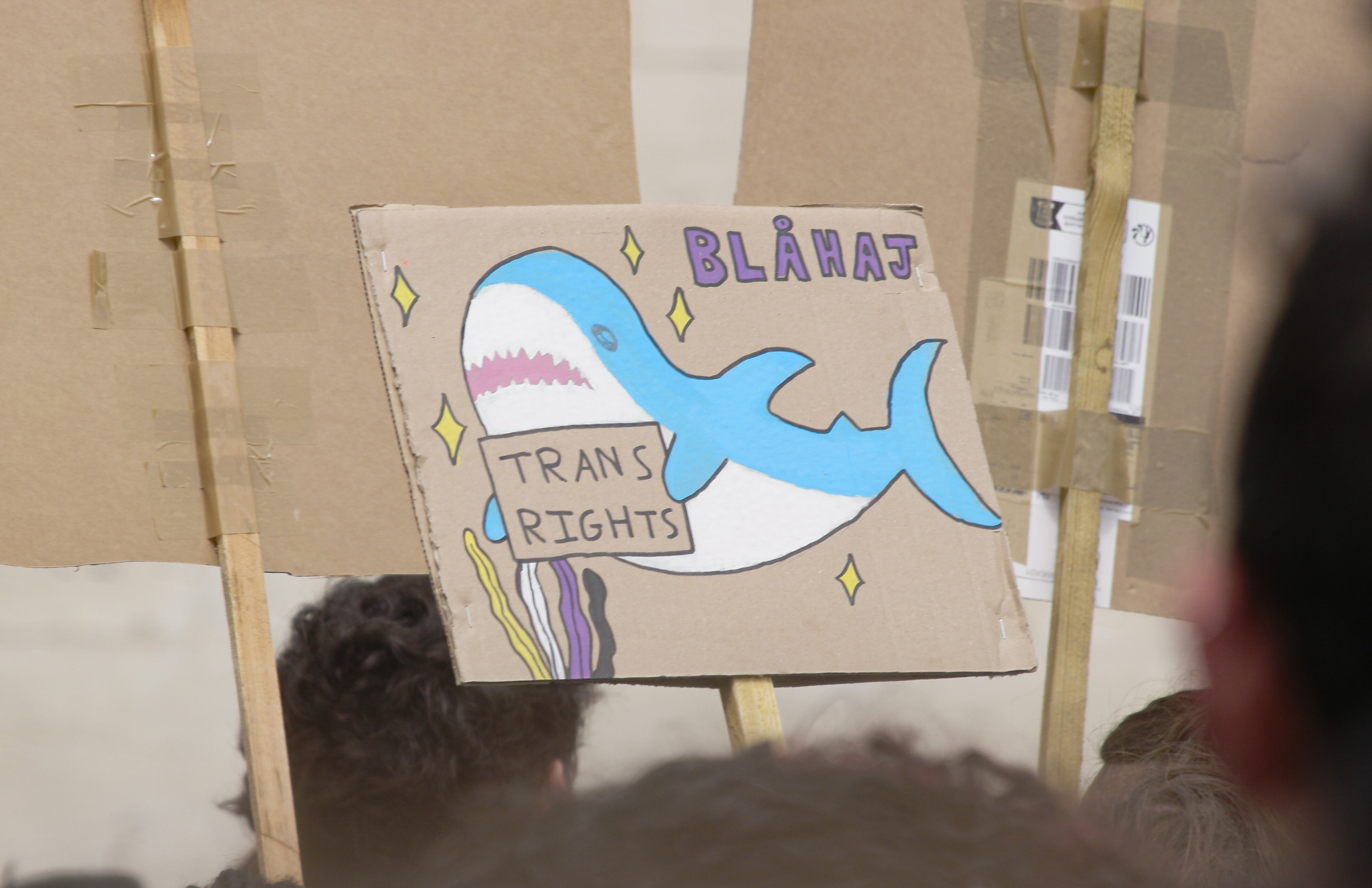 Pancarte d'un requin Blahaj qui tient lui-même une pancarte trans rights