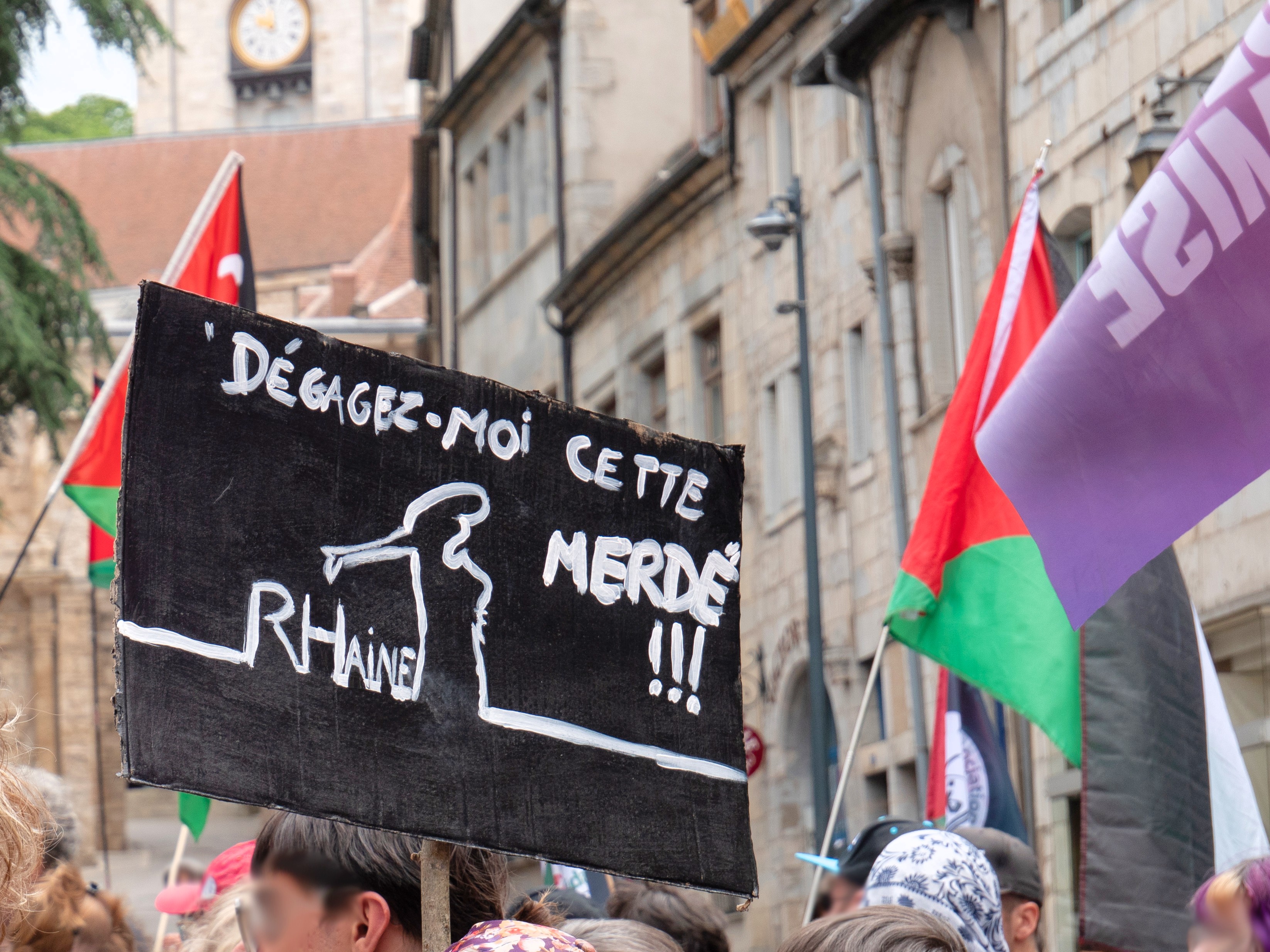 Une pancarte reprenant le visuel du dessin animé La Linea, qui dit "dégagez-moi cette merde" en désignant le RN, écrit R-Haine