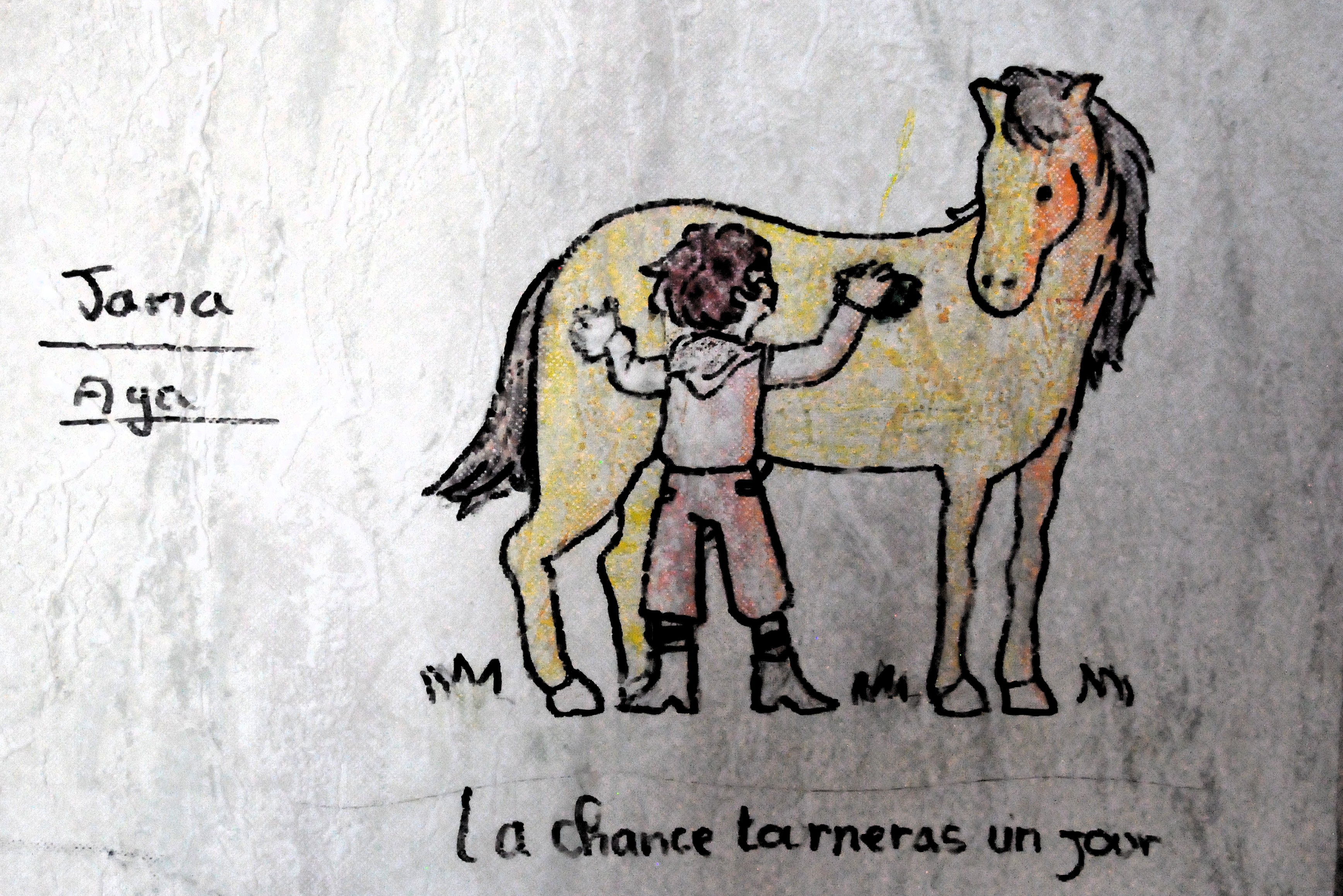 dessin d'un lad qui peigne un cheval, avec l'inscription "la chance tournera un jour"