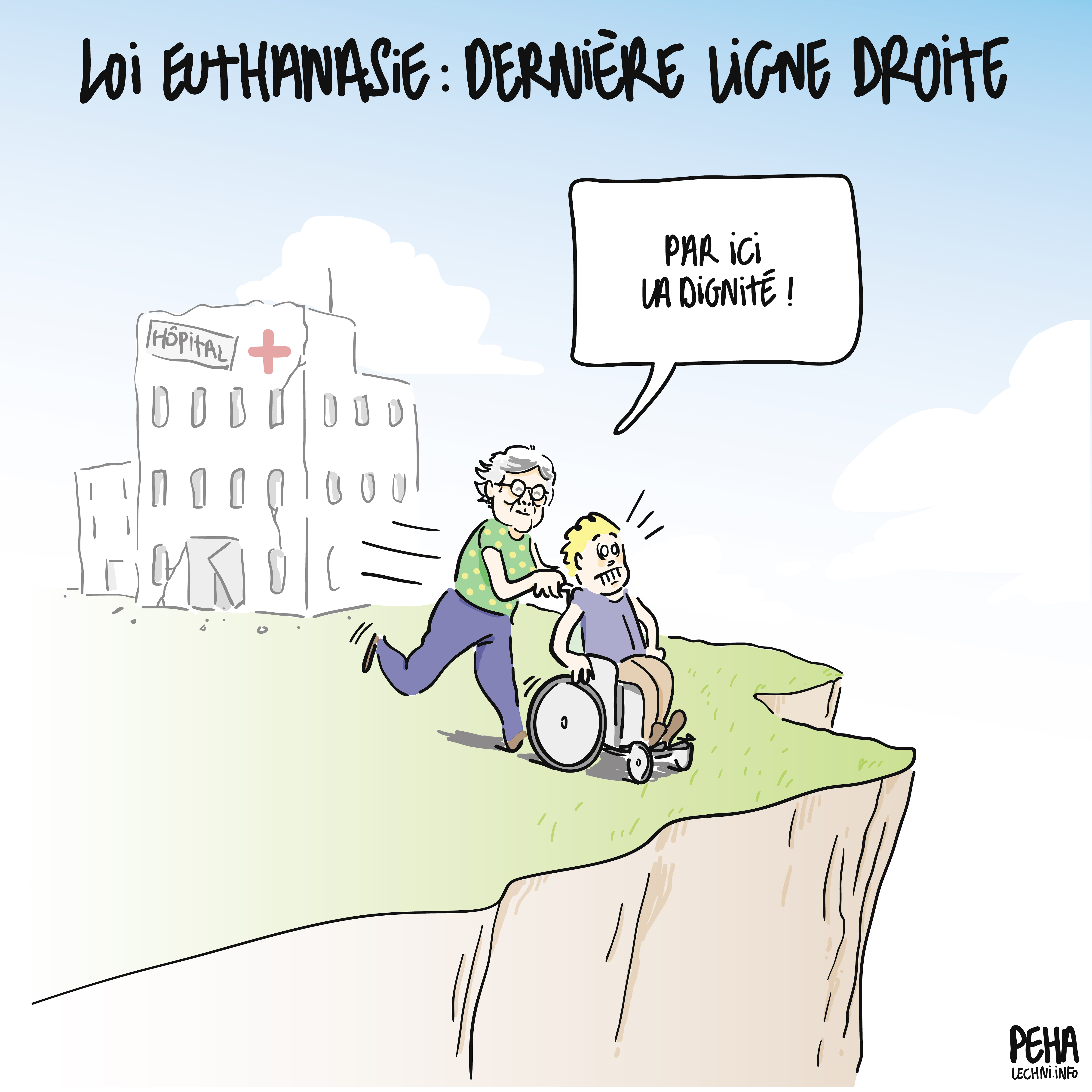 Titre du dessin : loi euthanasie : dernière ligne droite
Dessin de Dominique Voynet en train de pousser une personne en fauteuil roulant vers le ravin, en disant : par ici la dignité !
Dans le fond, l'hôpital public est dans un état de délabrement avancé.